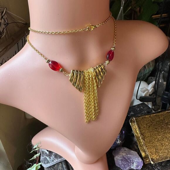 Vintage Napier Gold Fringe Red Bead Necklace - Picture 2 of 5